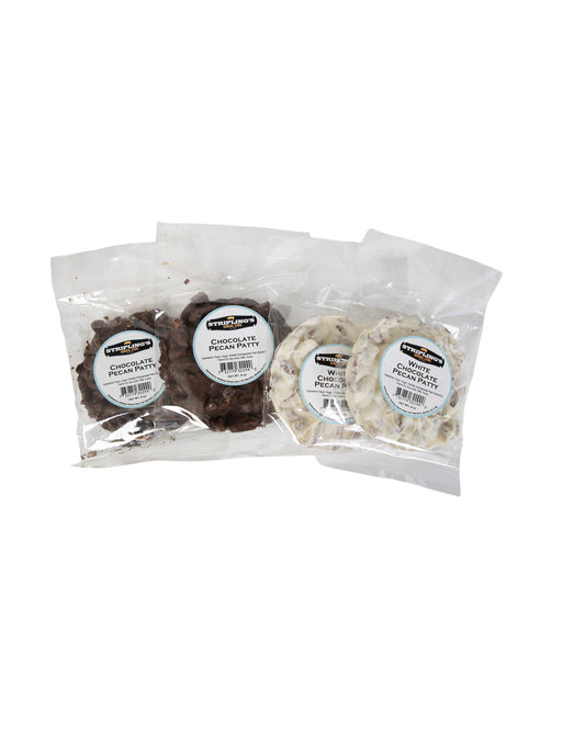 Stripling's pecan patties in clear bags, milk chocolate and white chocolate fanned out