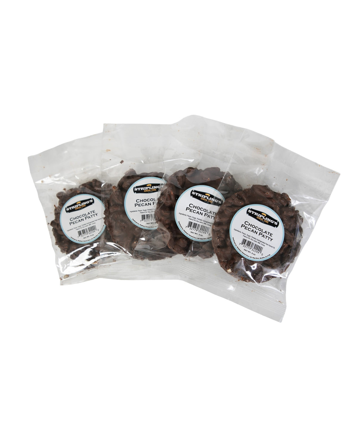 Four Stripling's milk chocolate pecan patties in clear bags, fanned out
