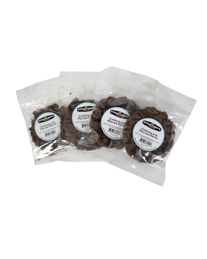 Four Stripling's milk chocolate pecan patties in clear bags, fanned out