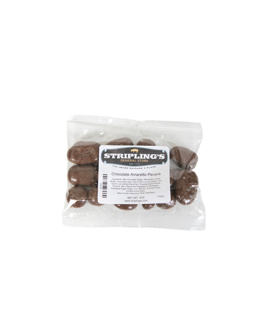 Stripling's Chocolate Amaretto Pecans, chocolate covered pecans in a clear 4 oz bag