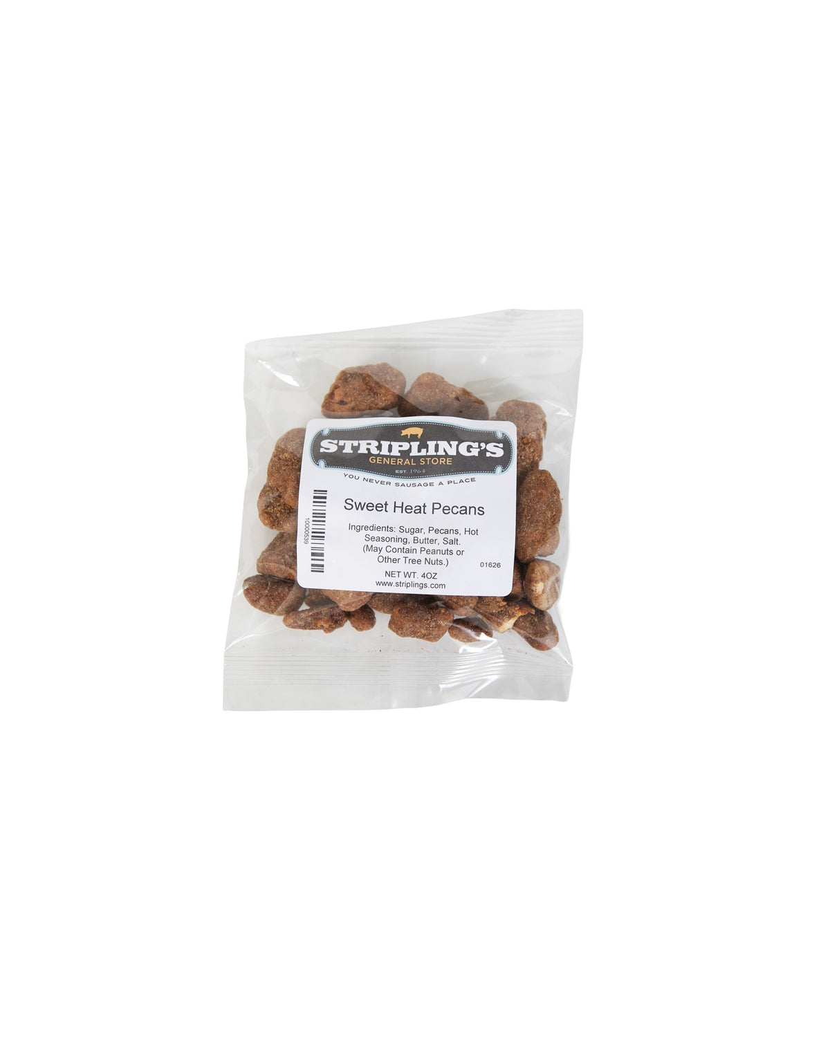 Stripling's Sweet Heat Pecans in a clear 4 oz bag