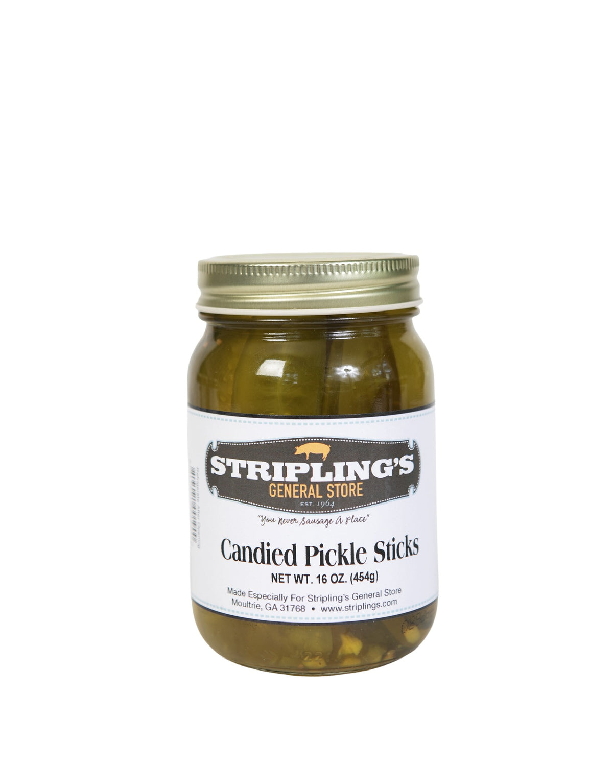 Stripling's Candied Pickle Sticks in a 16 oz glass jar with a gold lid, pickle sticks visible through the glass