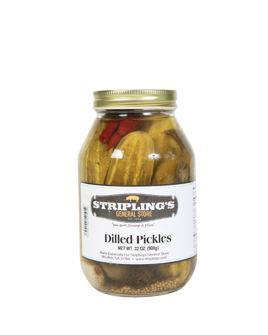 Stripling's Dilled Pickles in a 32 oz glass jar with a gold lid, whole pickles visible through the glass