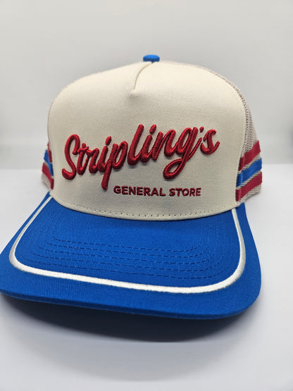 Side view of the Stripling's red, white and blue rope hat showing the striped mesh and white rope