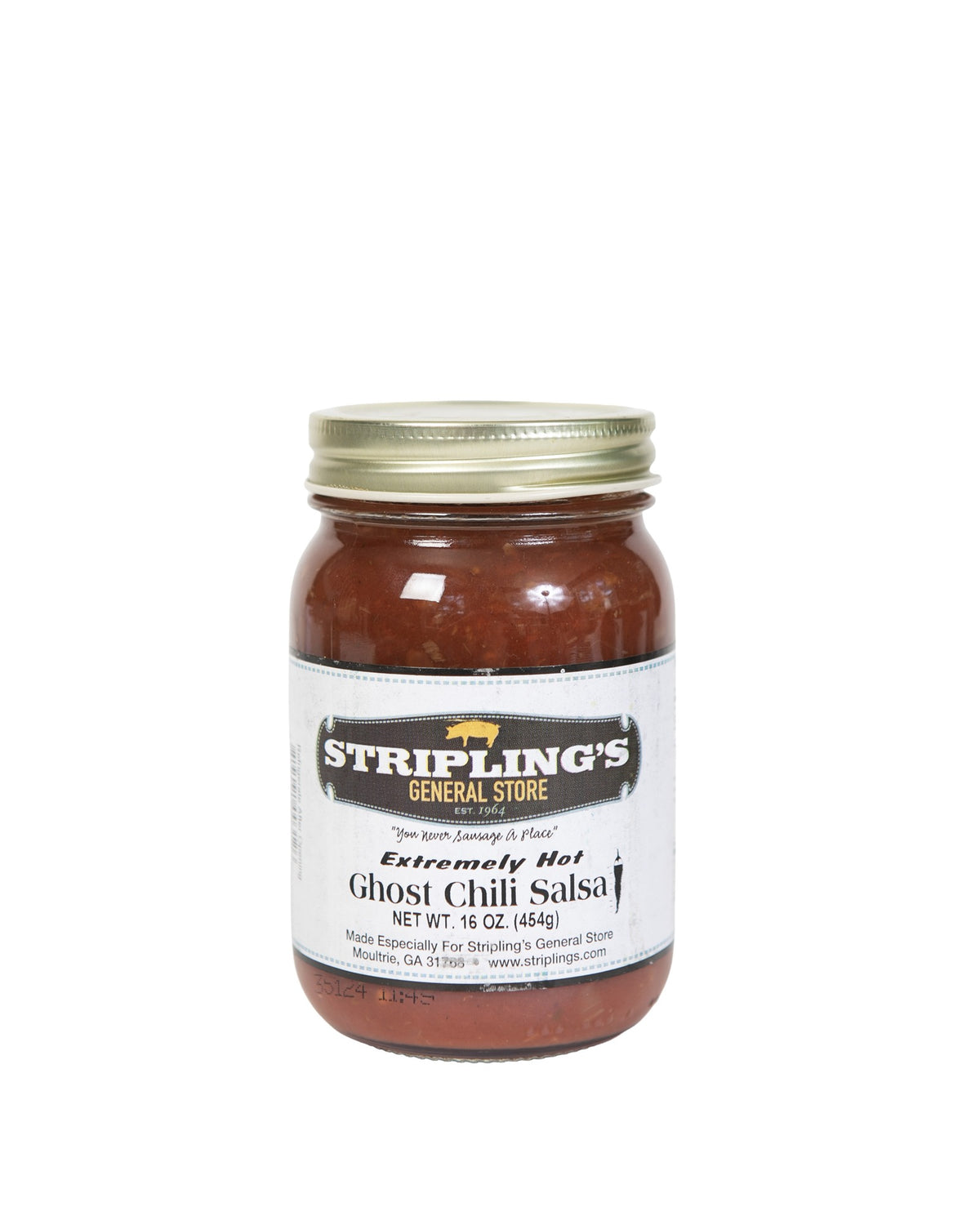 Stripling's Ghost Chili Salsa in a 16 oz glass jar with a gold lid, labeled extremely hot