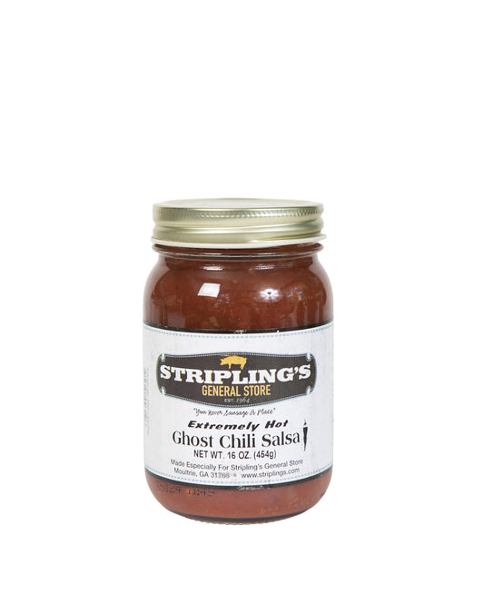 Stripling's Ghost Chili Salsa in a 16 oz glass jar with a gold lid, labeled extremely hot