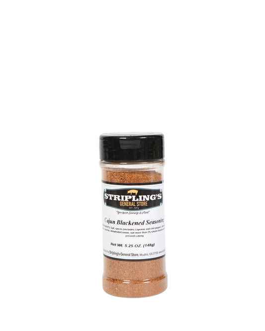 Stripling's Cajun Blackened Seasoning in a clear 5.25 oz shaker, the blend a deep red-orange