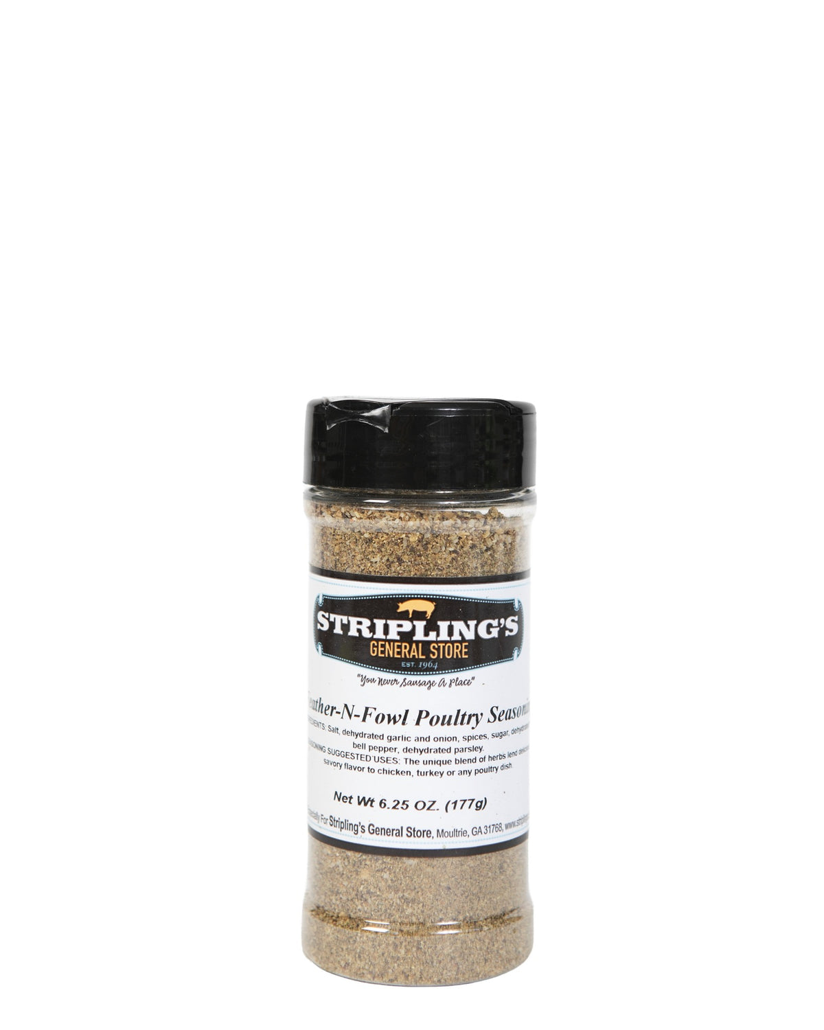 Stripling's Feather-n-Fowl Poultry Seasoning in a clear 6.25 oz shaker with a black cap