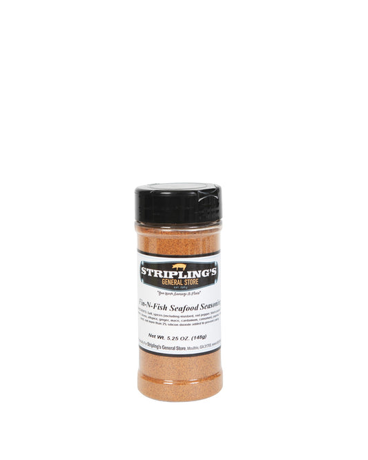 Stripling's Fin-N-Fish Seafood Seasoning in a clear 5.25 oz shaker, the blend a deep orange