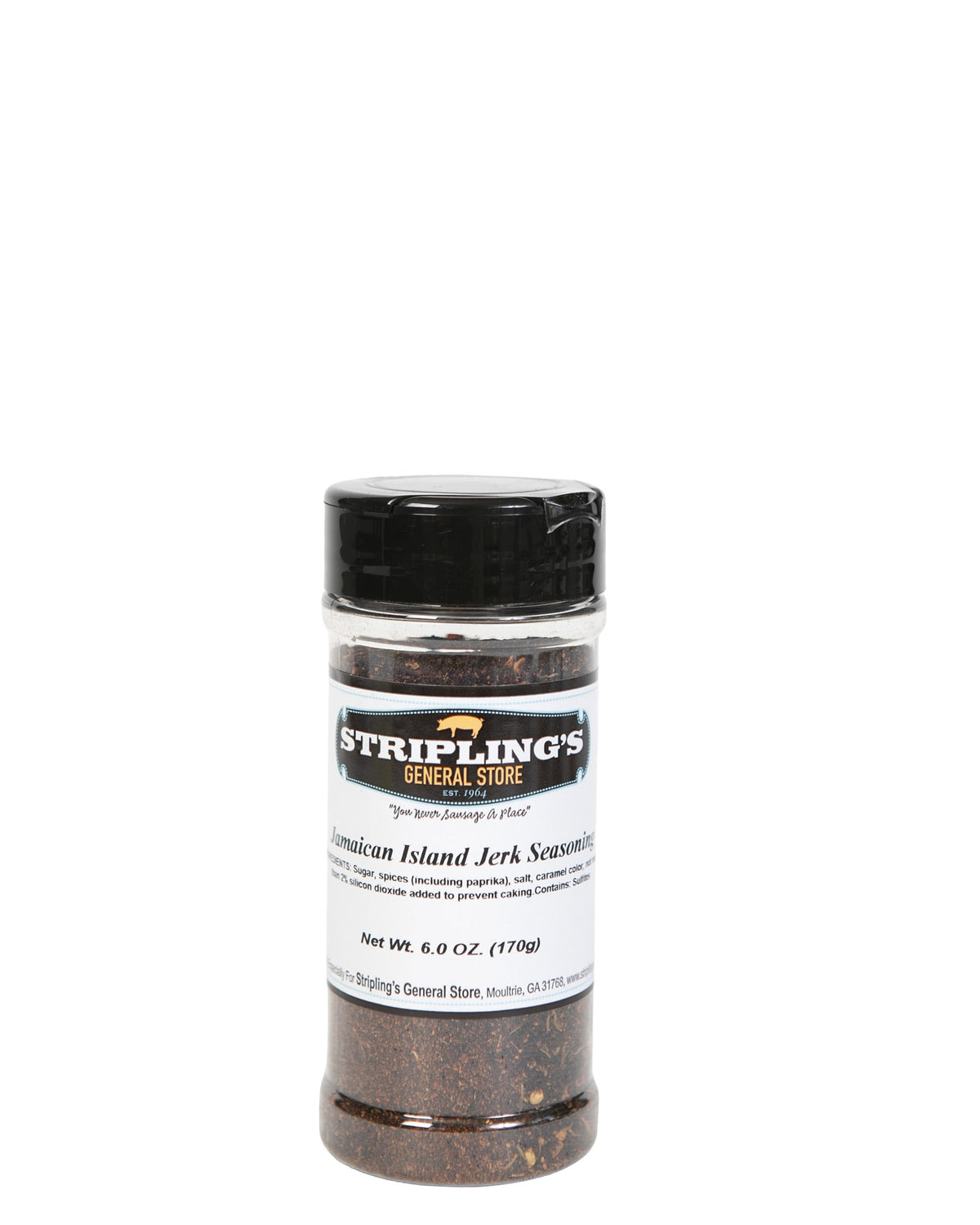 Stripling's Jamaican Island Jerk Seasoning in a clear 6 oz shaker, coarse and dark brown
