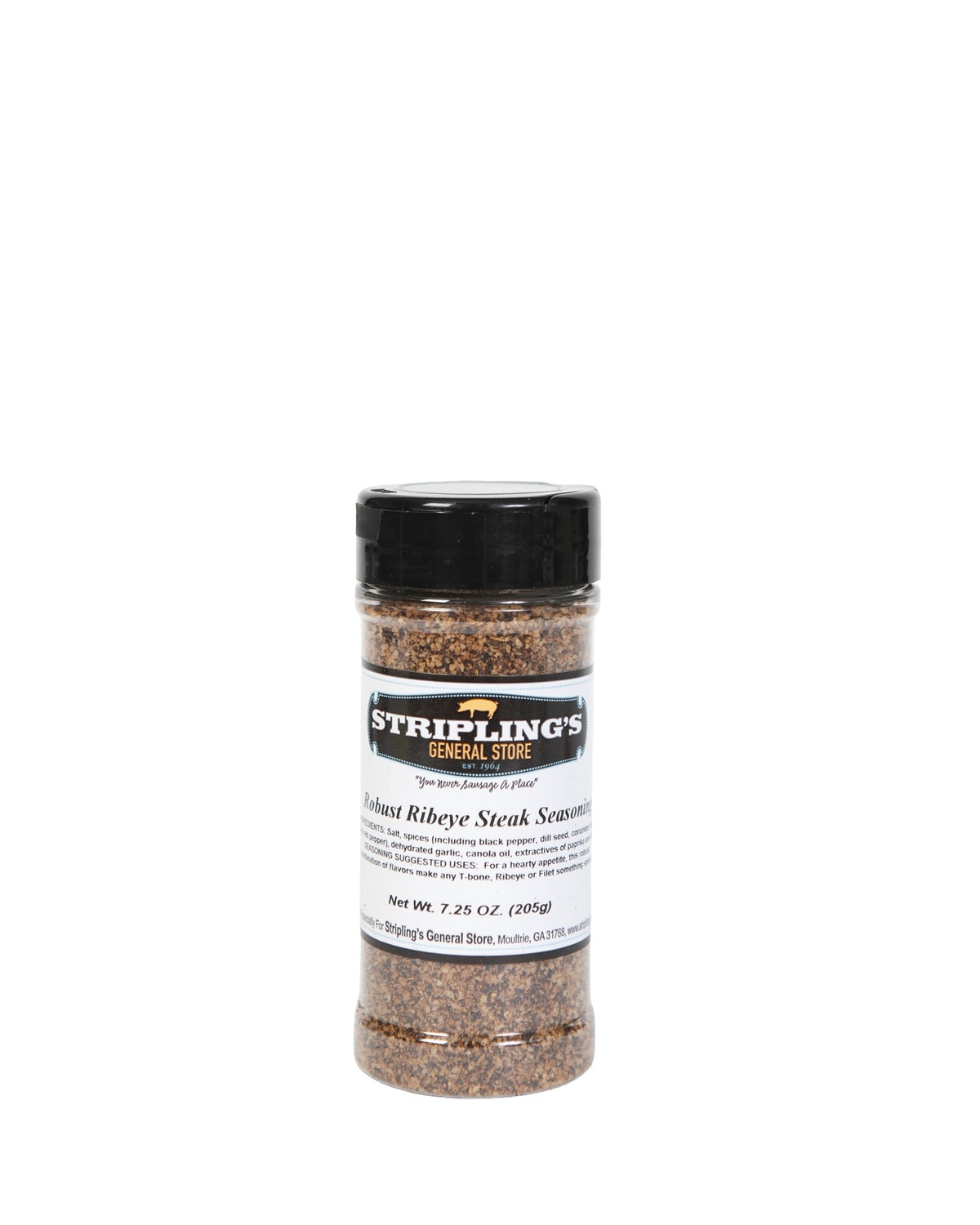 Stripling's Robust Ribeye Steak Seasoning in a clear 7.25 oz shaker, coarsely ground