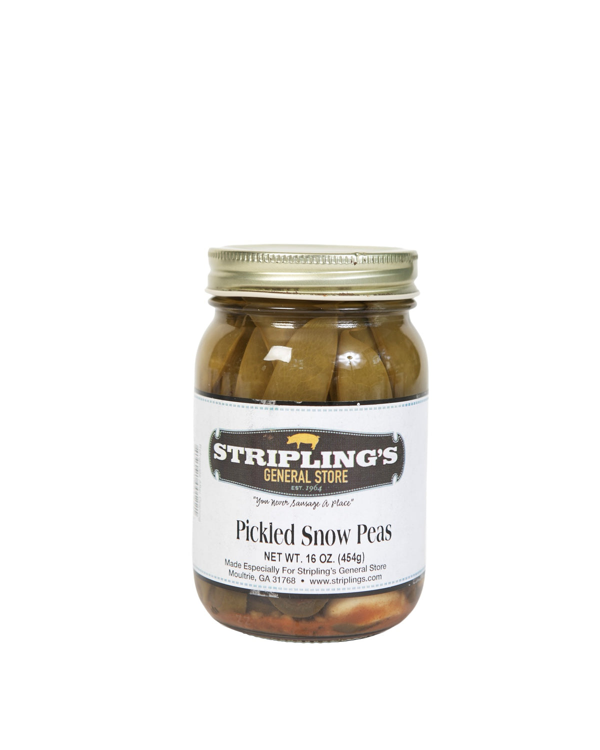Stripling's Pickled Snow Peas in a 16 oz glass jar with a gold lid
