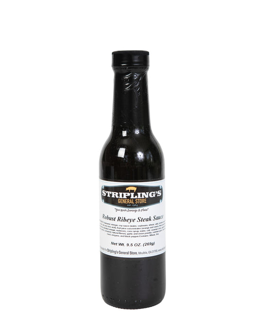 Stripling's Robust Ribeye Steak Sauce in a dark 9.5 oz glass bottle with a black cap