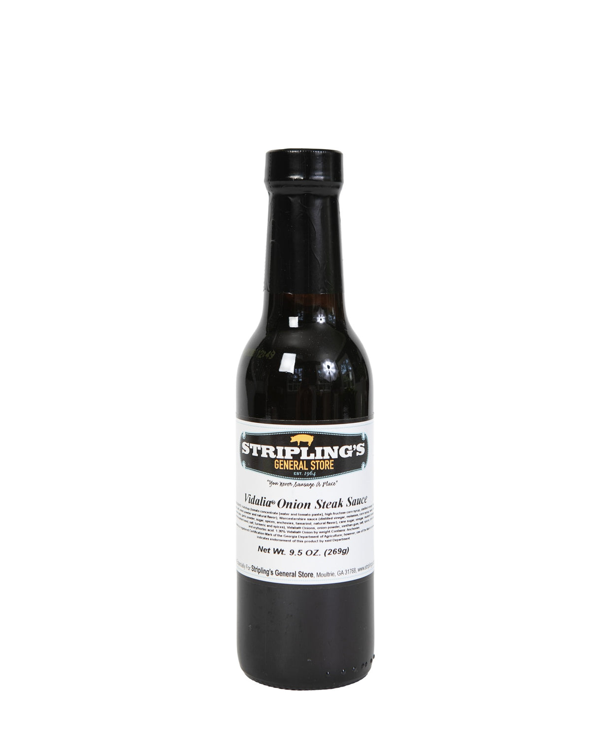Stripling's Vidalia Onion Steak Sauce in a dark 9.5 oz glass bottle with a black cap