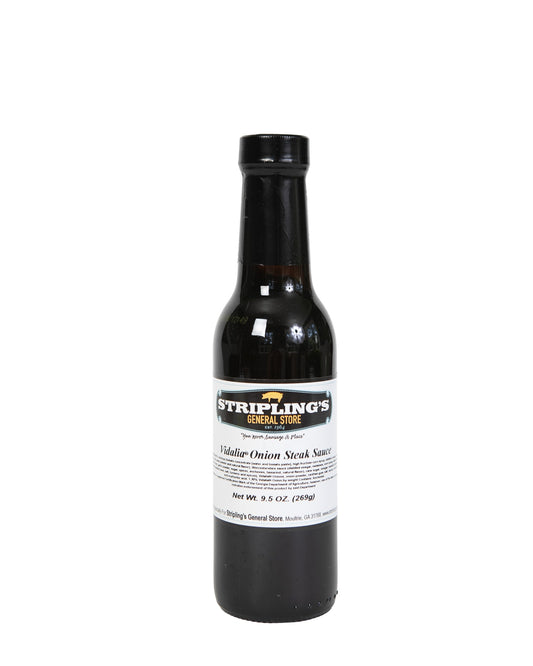 Stripling's Vidalia Onion Steak Sauce in a dark 9.5 oz glass bottle with a black cap