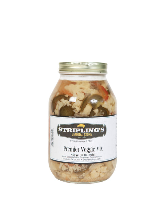 Stripling's Pickled Premier Veggie Mix in a 32 oz glass jar, cauliflower, carrots and peppers visible through the glass