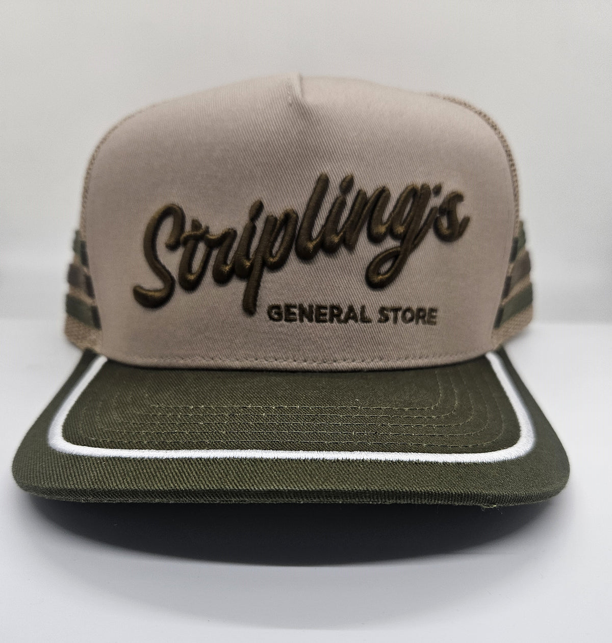 Stripling's khaki and olive rope hat with a white rope across an olive brim