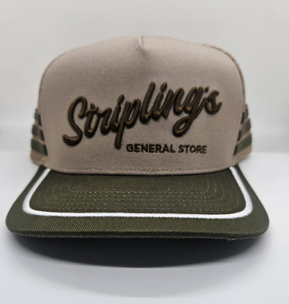 Stripling's khaki and olive rope hat with a white rope across an olive brim